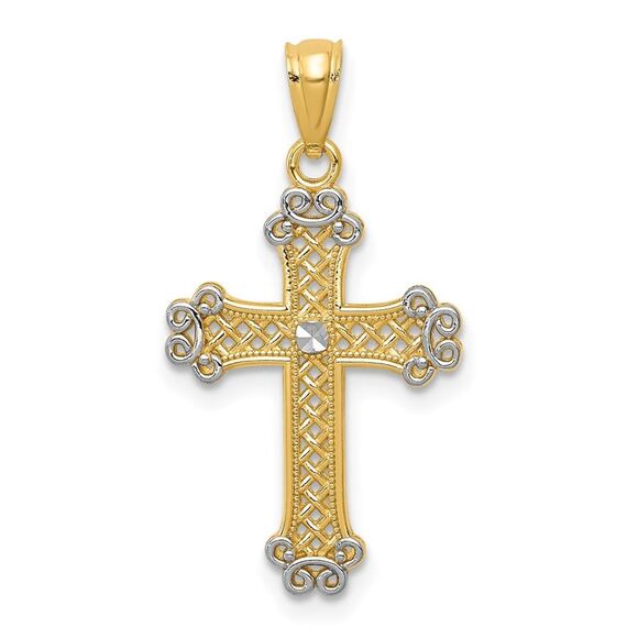 14k Yellow Gold & White Rhodium Filigree Cross Pendant 14 x 26mm